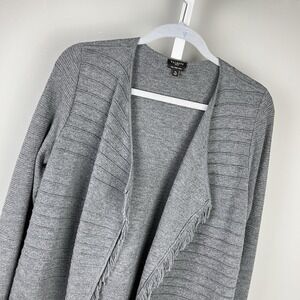 Talbots Petites Merino Wool Cardigan Sweater Womens MP Gray Open Fringe